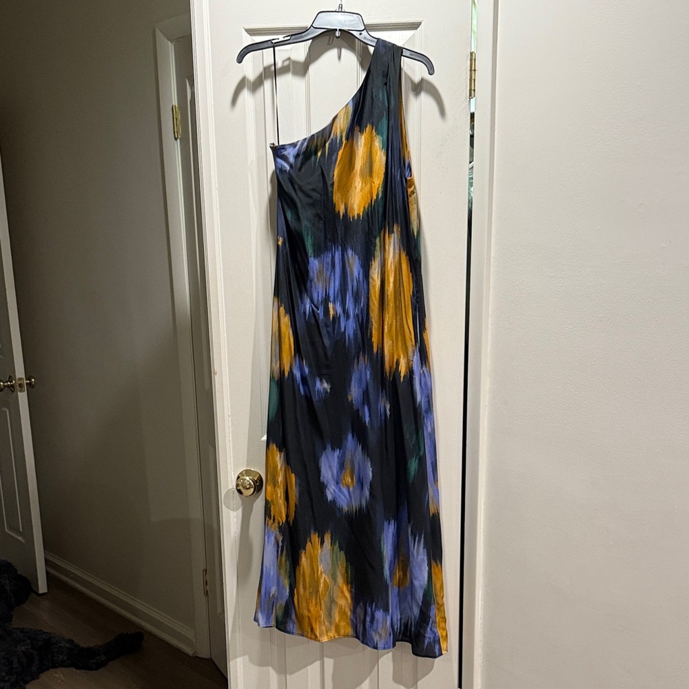 Marie Oliver One-Shoulder Dress in Black with Blue and Orange